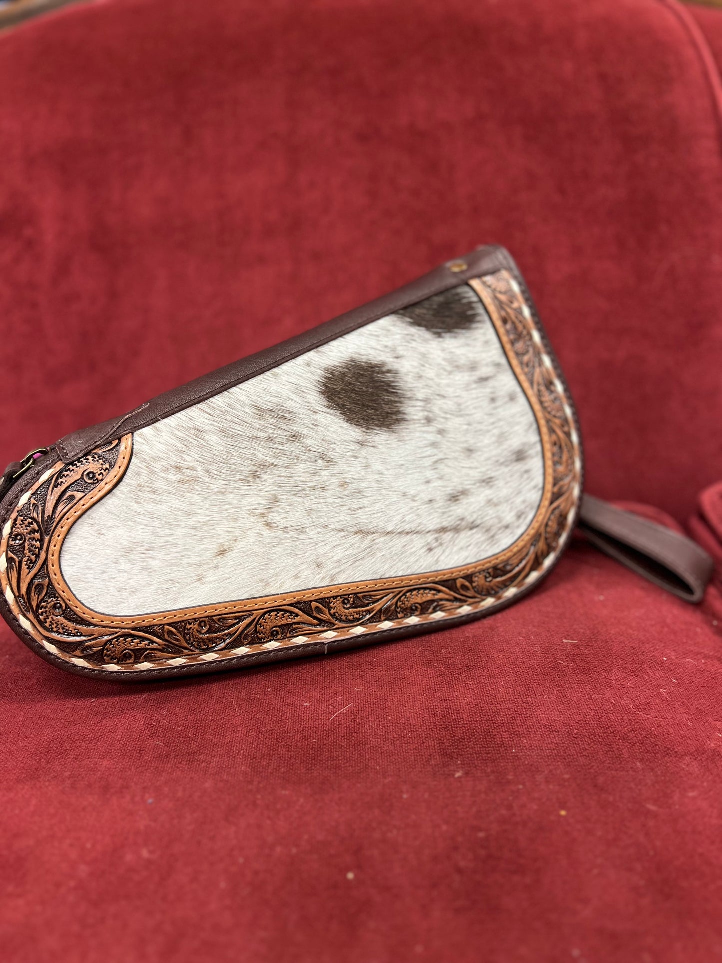 Large Tooled Leather & Cowhide Pistol Case