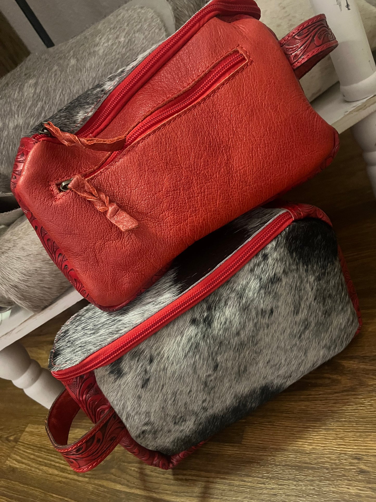 Tooled Leather & Cowhide Toiletry Bag