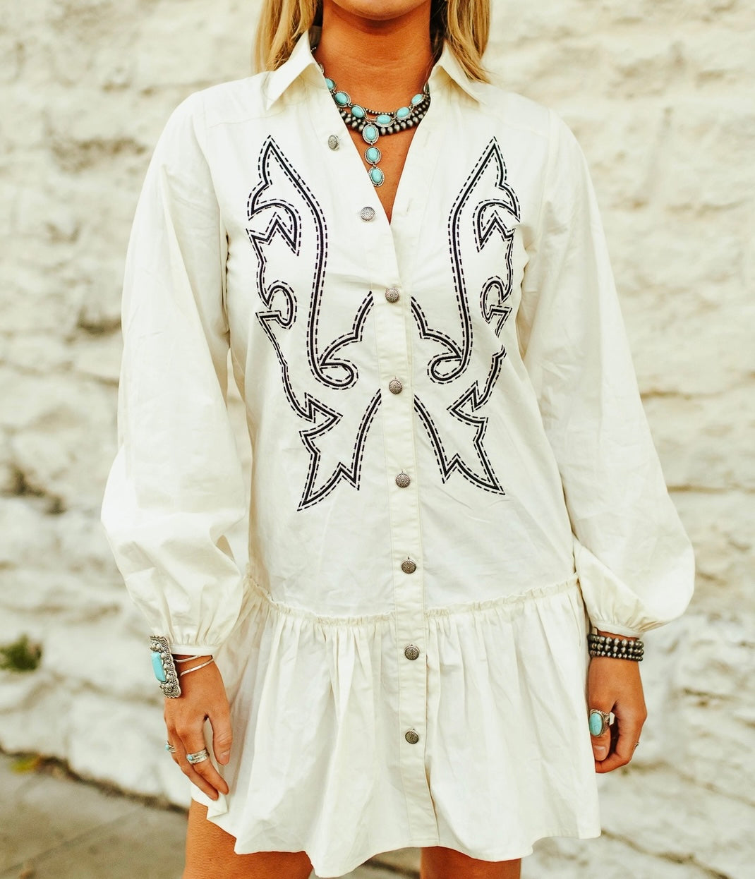Ivory Concho Button Down Collared Tier Dress