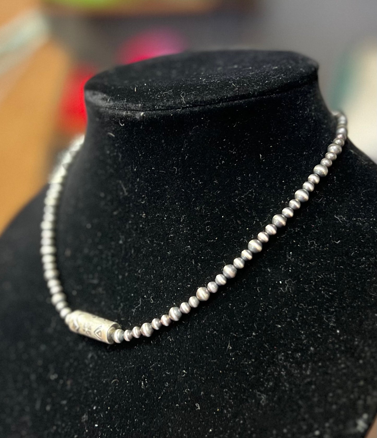 Sterling Silver Navajo Pearl Barrel Bead Necklace - 16”