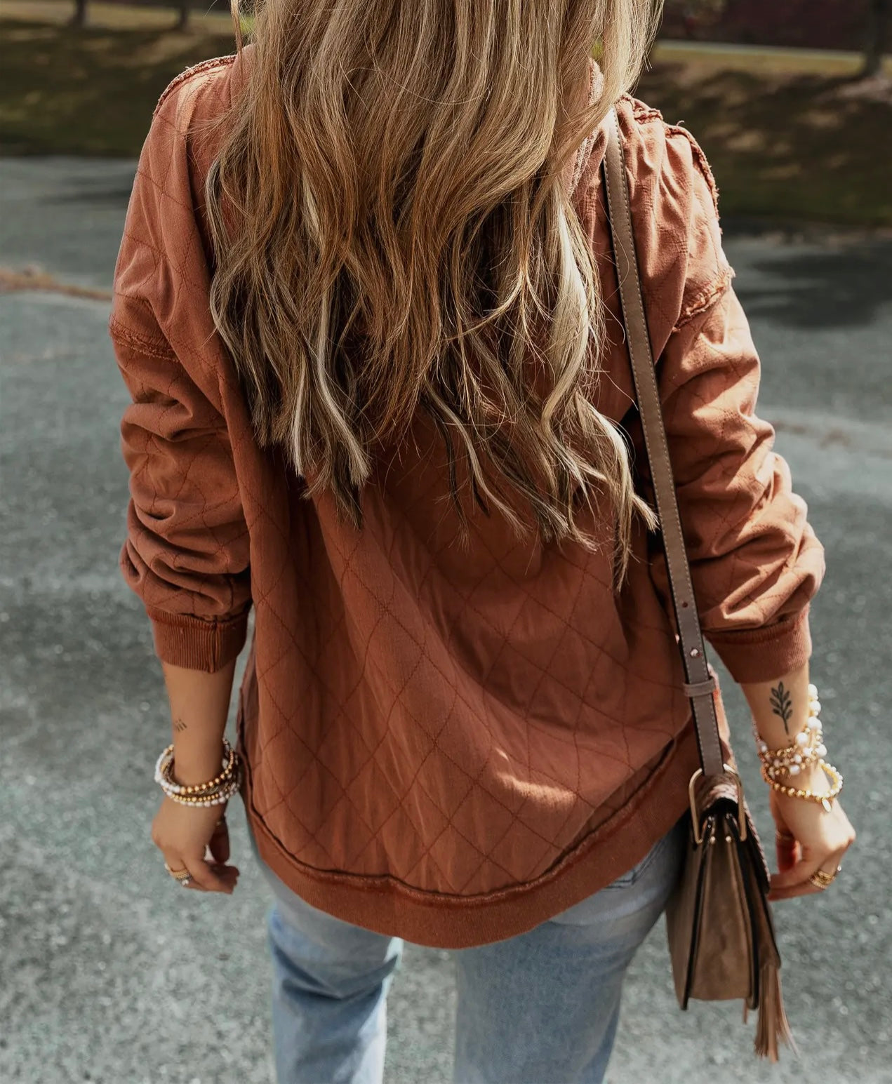 Chestnut quilted patchwork exposed seam hoodie 