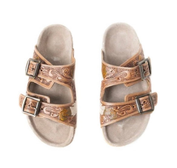 Falling Feathers Tooled Leather Sandals