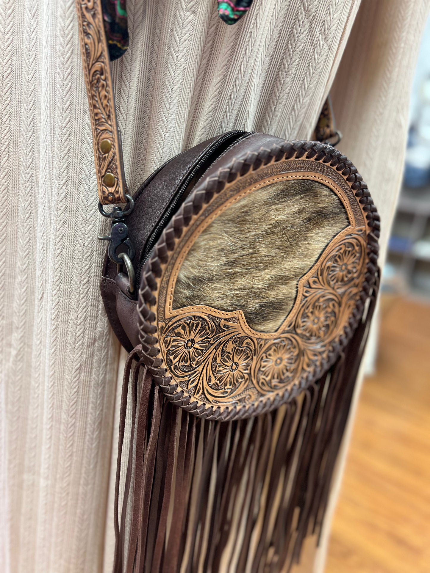 Large Canteen Purse with Hair on Hide Cowhide & Tooled Leather