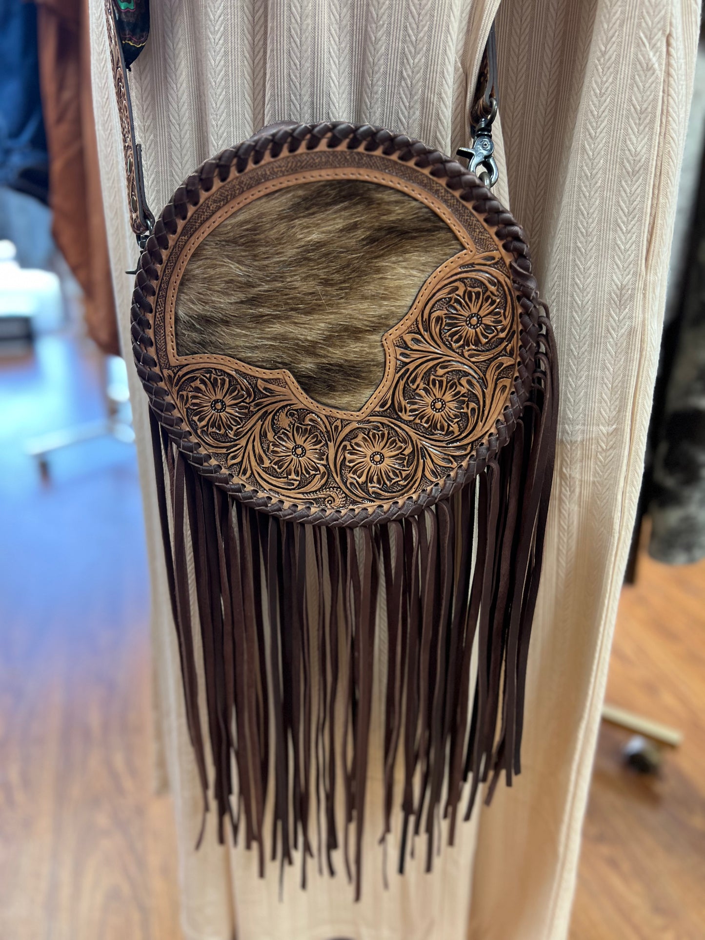 Large Canteen Purse with Hair on Hide Cowhide & Tooled Leather