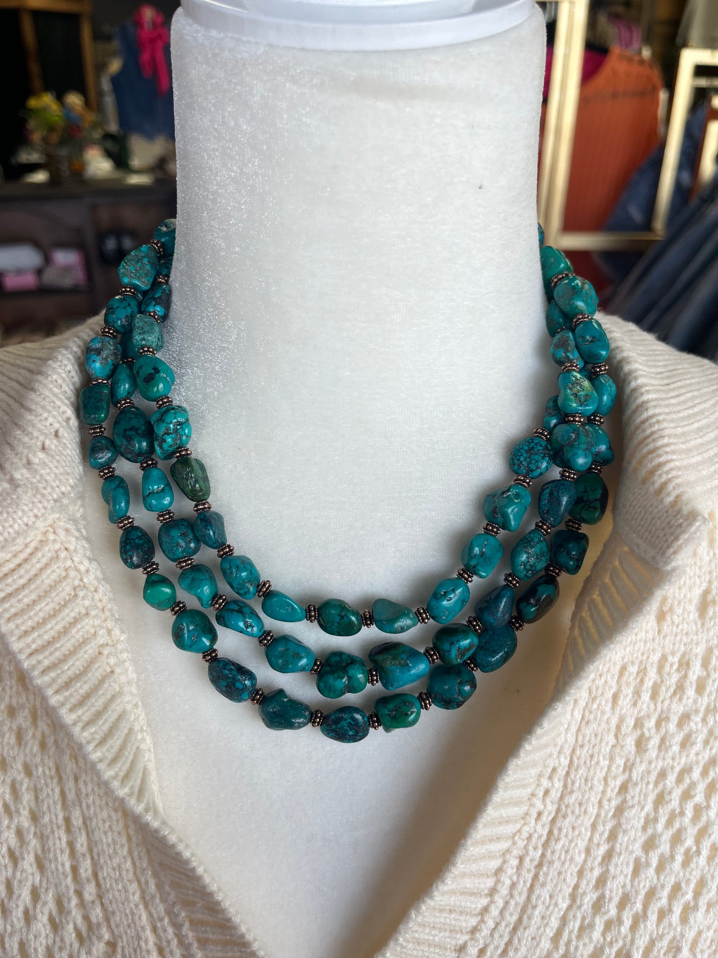 Large Triple Strand Natural Turquoise Copper Collar Necklace