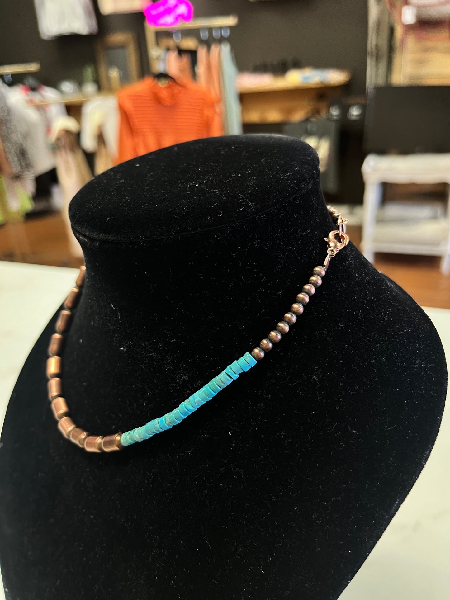 Copper Barrel & Kingman Heishi Necklace