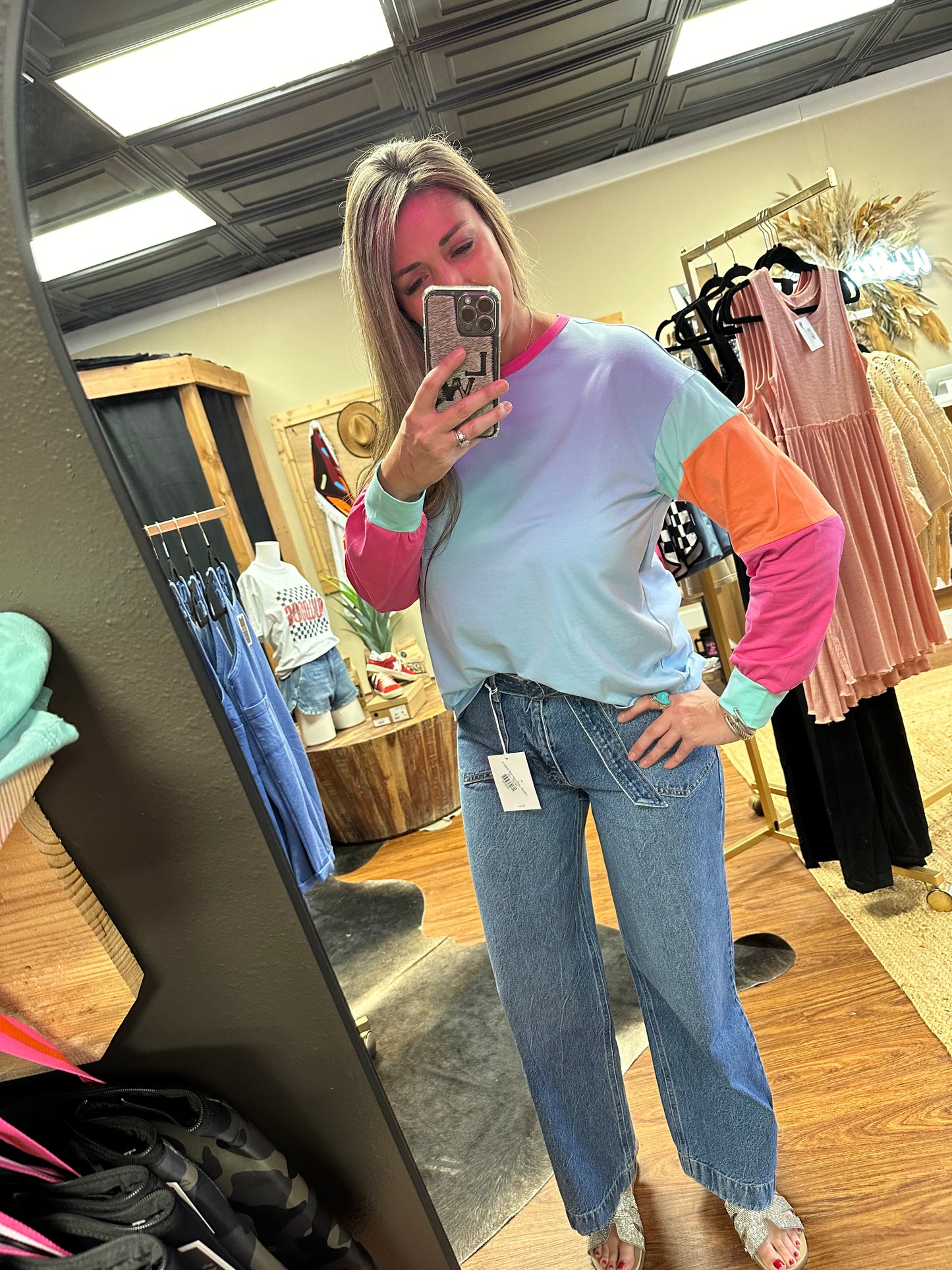 Blue Colorblock Long Sleeve Loose Top