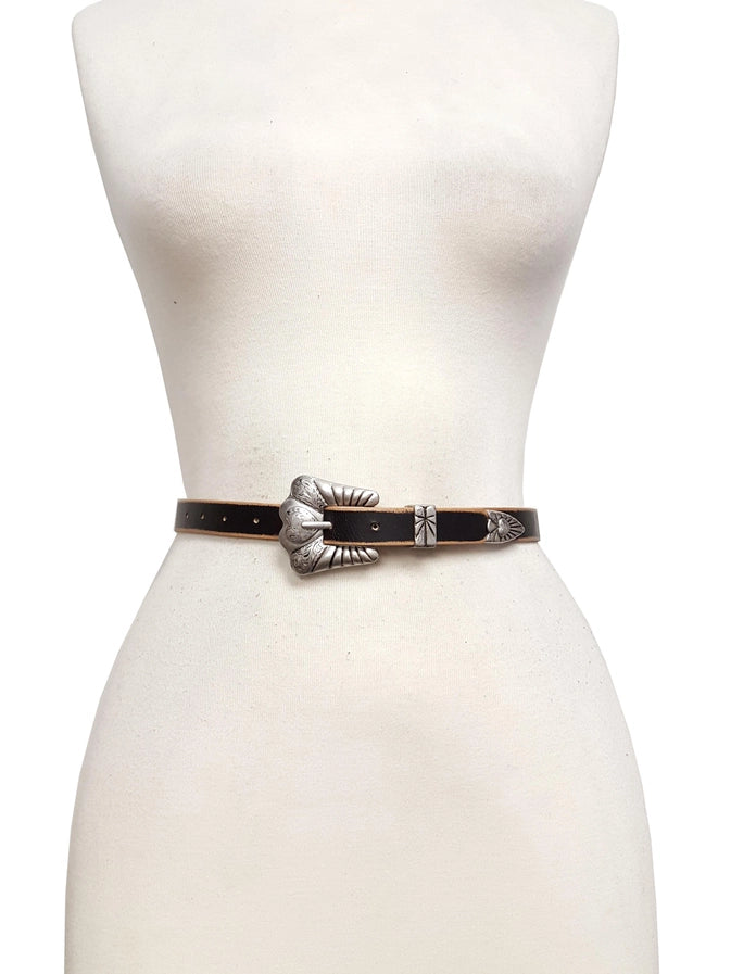 Vintage Skinny Leather Belt w/ Silver Heart Buckle