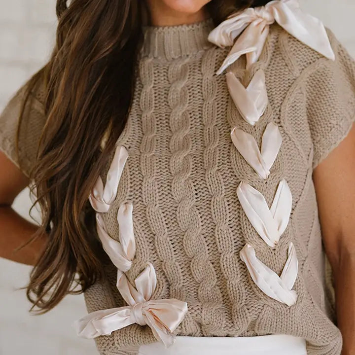 Cable Knit Bowknot Cap Sleeve Sweater
