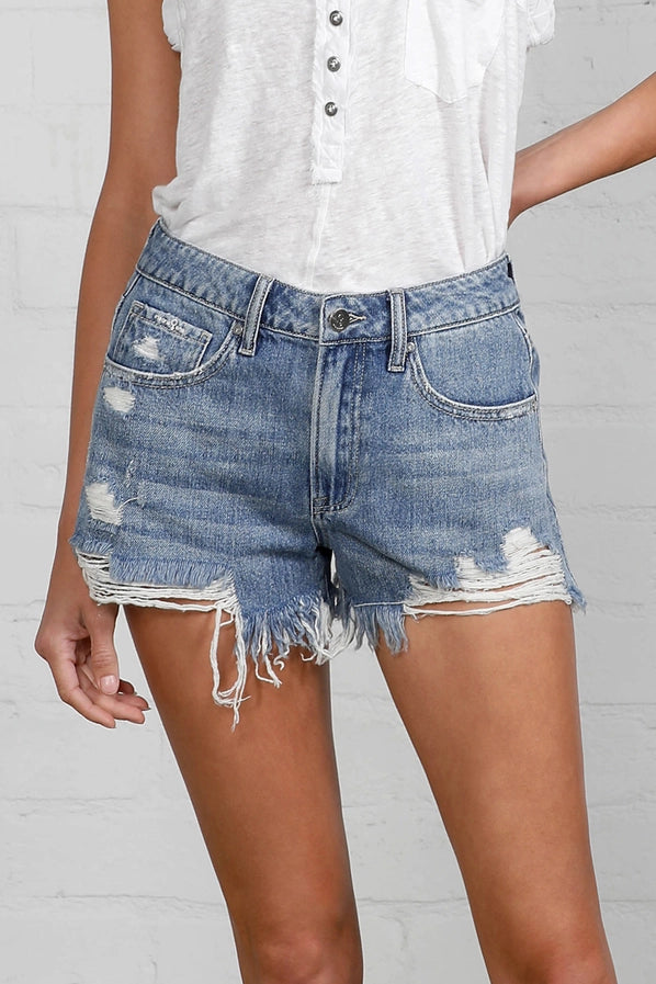 High Rise Distressed Denim Shorts