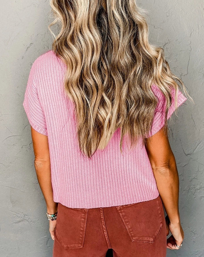 Short Sleeve Ribbed Pocket Sweater