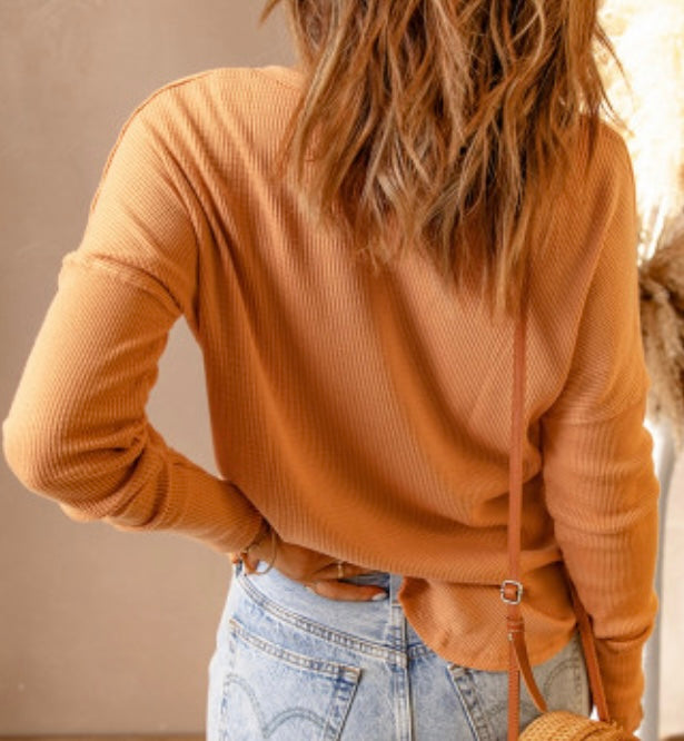 Button Front Waffle Knit Orange Henley available in PLUS!