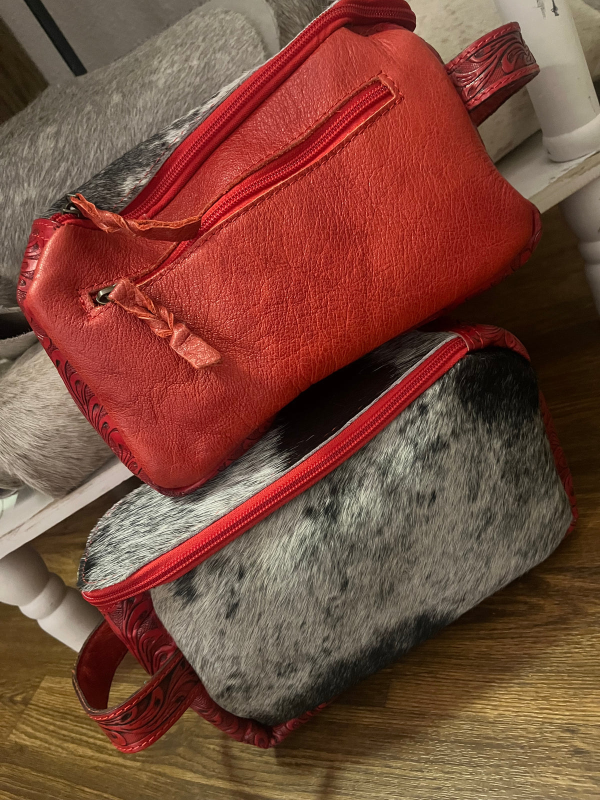 Tooled Leather & Cowhide Toiletry Bag