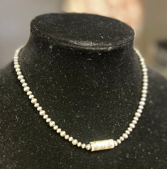 Sterling Silver Navajo Pearl Barrel Bead Necklace - 16”