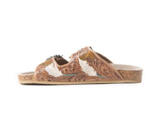 Falling Feathers Tooled Leather Sandals