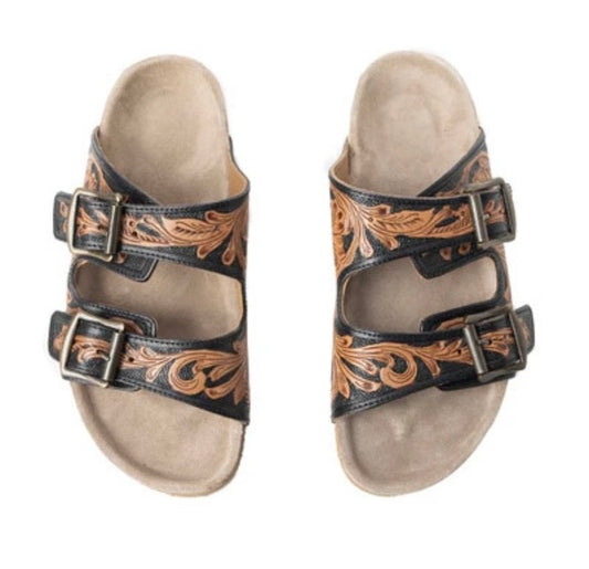 Black and Natural Tooled Sandals