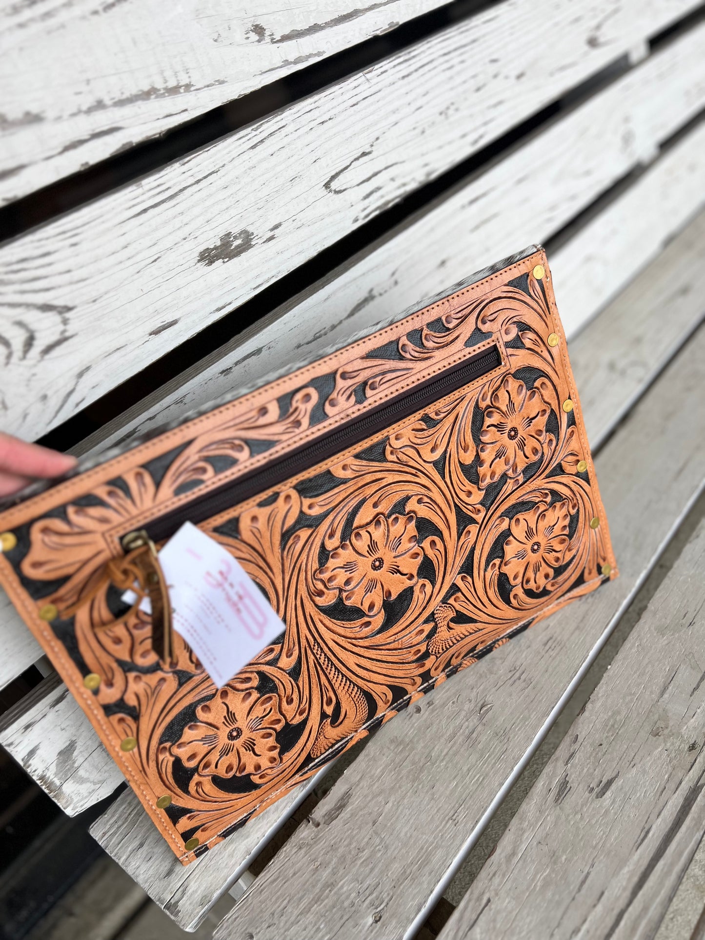 Tooled Leather & Cowhide Folder/ Computer Bag