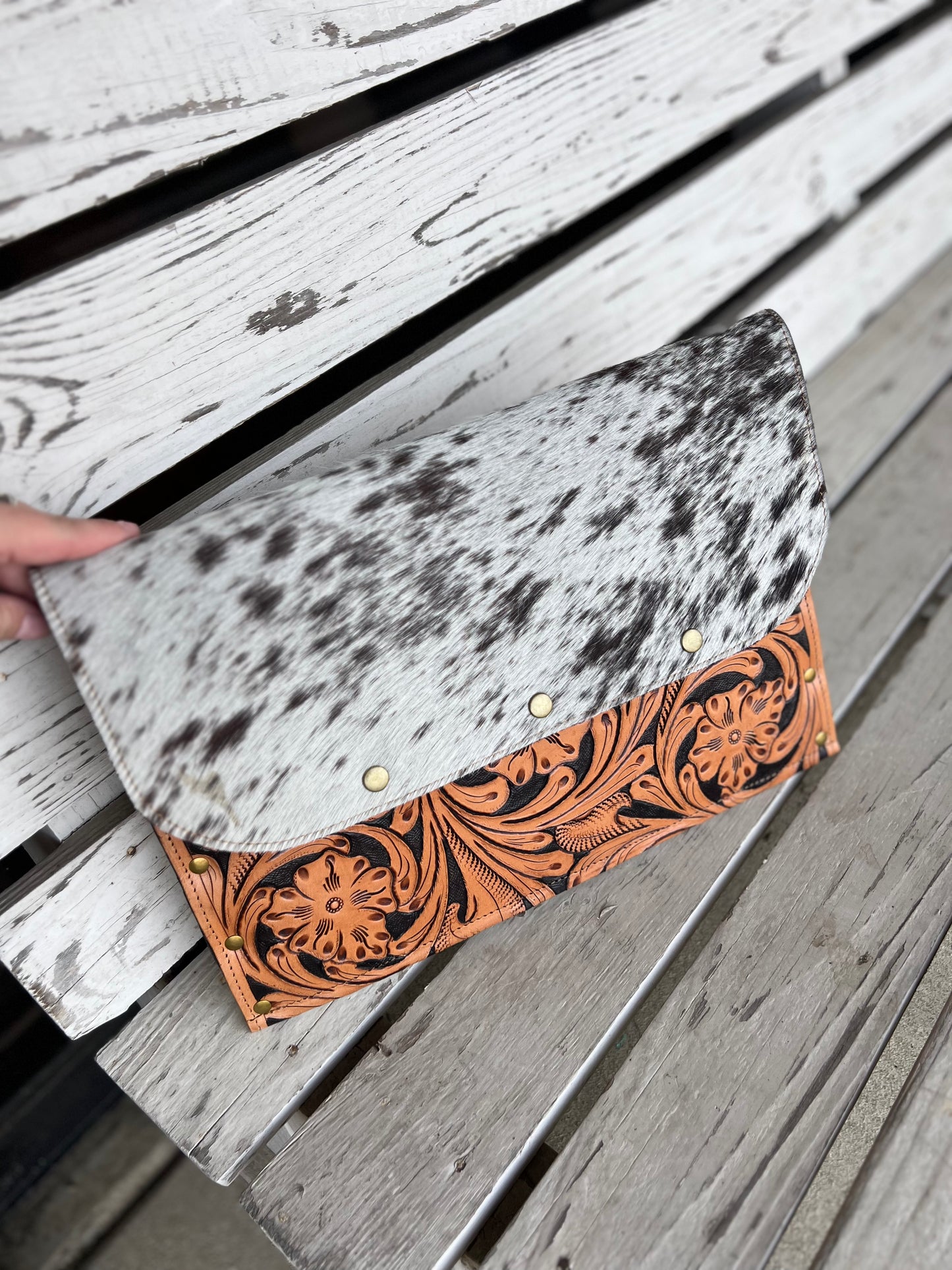 Tooled Leather & Cowhide Folder/ Computer Bag