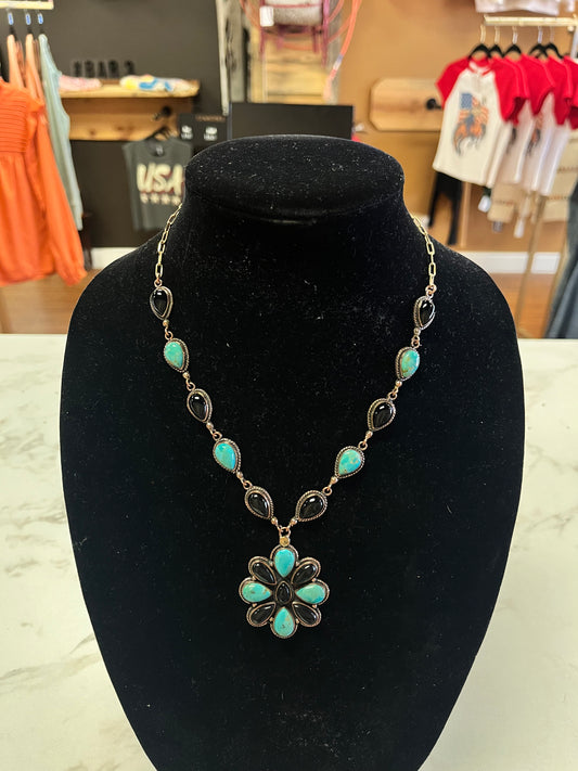 Kingman & Black Onyx Cluster Necklace