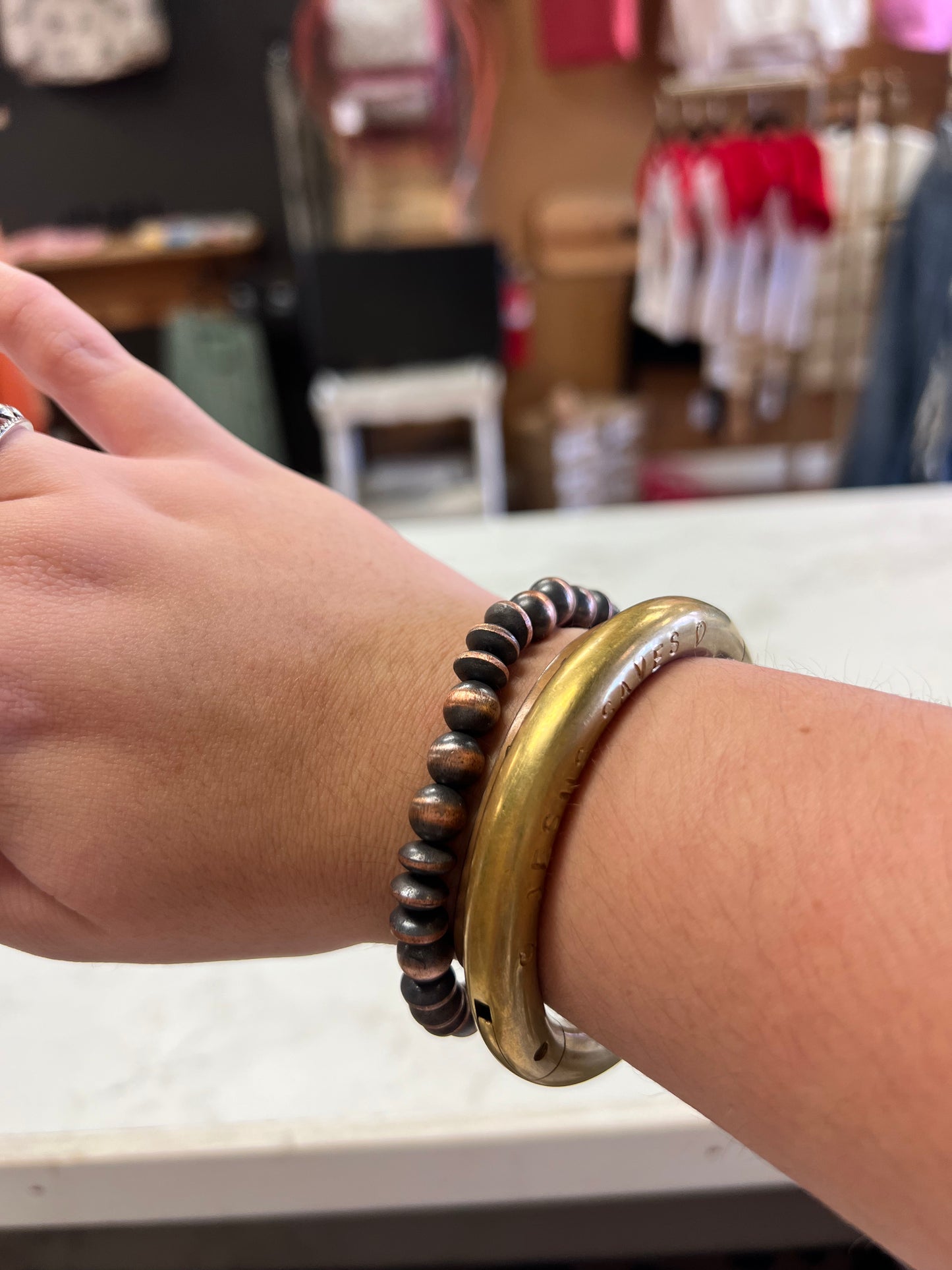 Copper Saucer and Pearl Stretch Bracelet