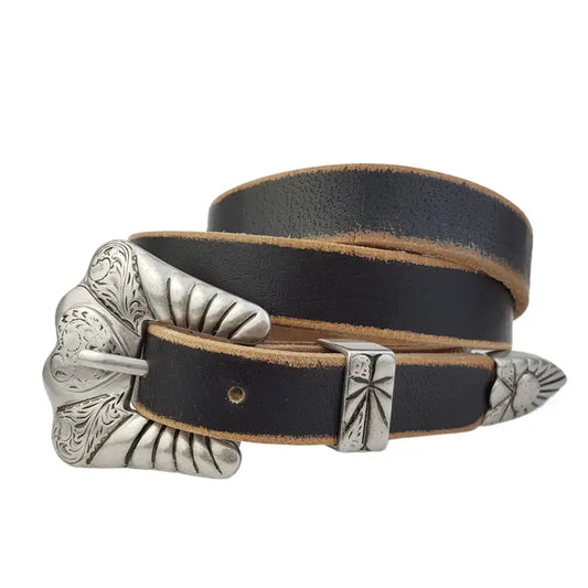 Vintage Skinny Leather Belt w/ Silver Heart Buckle